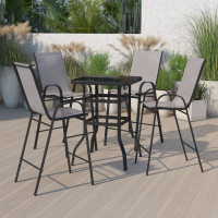 Flash Furniture TLH-073H092H4-GR-GG Outdoor Dining Set - 4-Person Bistro Set - Outdoor Glass Bar Table with Gray All-Weather Patio Stools